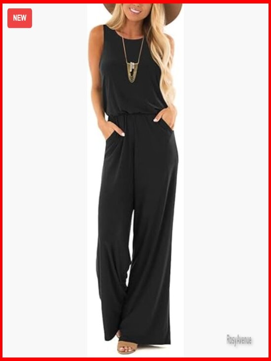 Pants - Sleeveless Jumpsuit Romper with Pockets Crew Neck Loose Fit Summer Casual